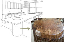 Design rendering of kitchen remodel showing where organic tree stump will be used for kitchen island base in Des Moines condo loft remodel by Silent Rivers