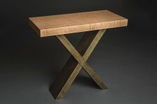 custom designed bench by Silent Rivers made of stained Baltic birch plywood and a curly maple top to donate to Young Women's Resource Center's Sit On It! auction