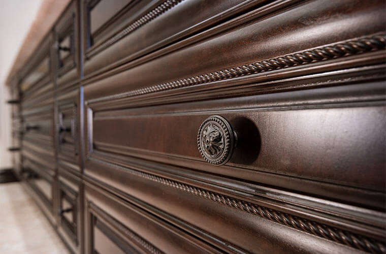 Urbandale-Iowa-luxurious-traditional-master-bedroom-vanity-detail-by-Silent-Rivers with custom cherry cabinets and dark bronze knobs