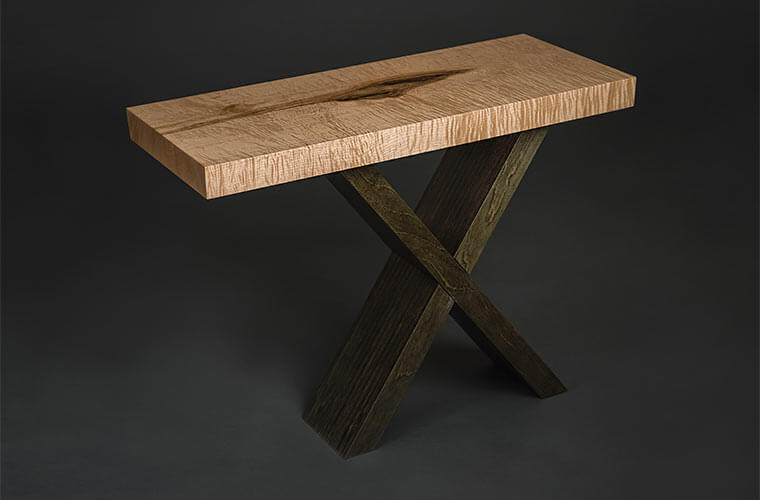 Modern style bench with asymmetric design with Baltic birch plywood and curly maple custom designed by Silent Rivers, Des Moines, Iowa