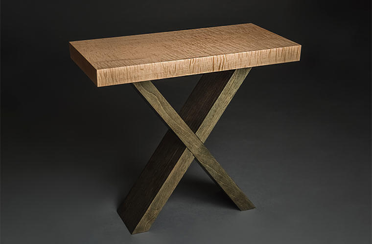 Modern style bench with Baltic birch plywood base and curly maple top custom designed by Silent Rivers, Des Moines, Iowa