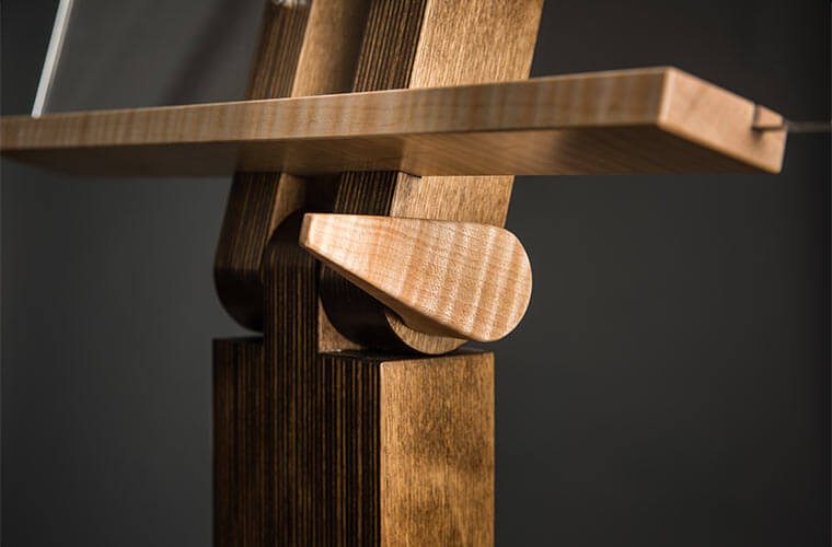 Maple music stand with maple handle to raise and lower glass sheet music holder custom designed by Silent Rivers, Des Moines, Iowa