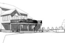 Rendering of beautiful backyard landscaping plan by Silent Rivers for home in Urbandale, Iowa features curved deck and stairs