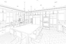 3D rendering showing large island in Clive, Iowa kitchen remodel by Silent Rivers