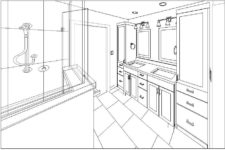 3D rendering of new master bathroom layout in 1989 Des Moines home being remodeled by Silent Rivers Design+Build