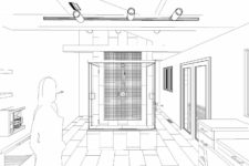 rendering of 3-sided shower in center of master bathroom design by Silent Rivers of Des Moines