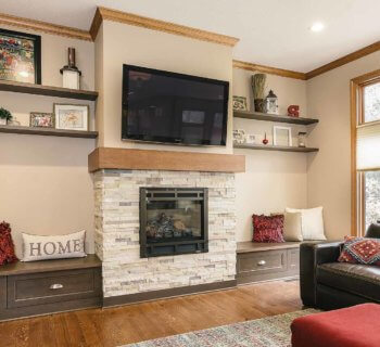 Family Room Remodel Gets New Stone Fireplace and Built-in Benches