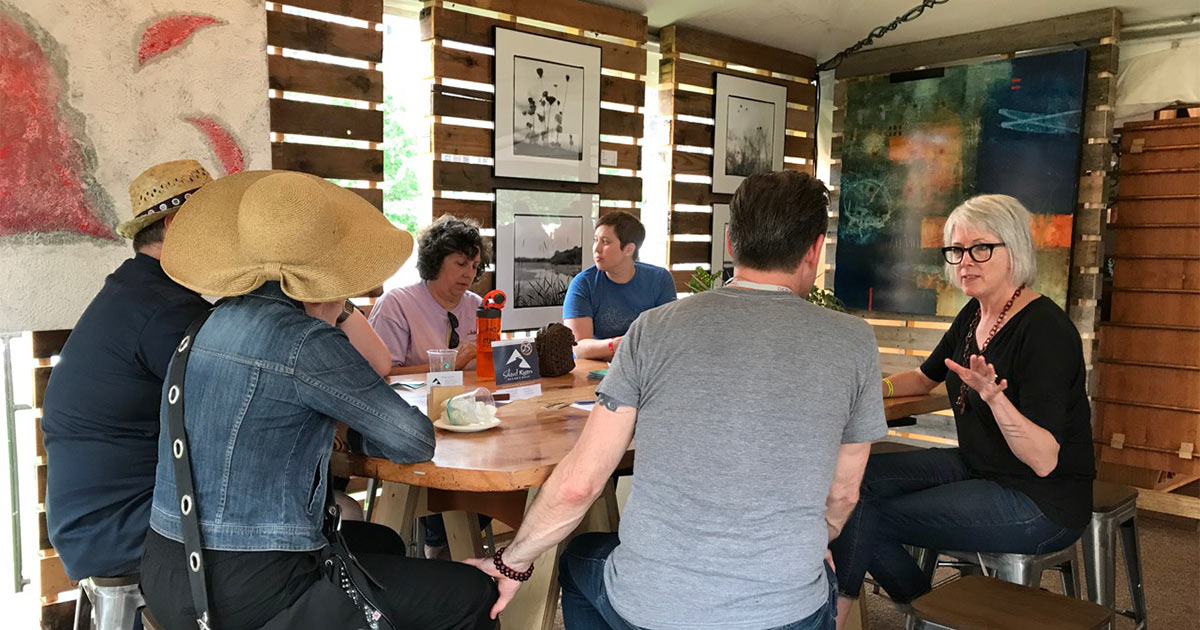 Siobhan Spain of Mainframe Studios, DMAF Curated exhibit and presentations in the Creative Cafe area of the Silent Rivers VIP Club at the 2018 Des Moines Arts Festival