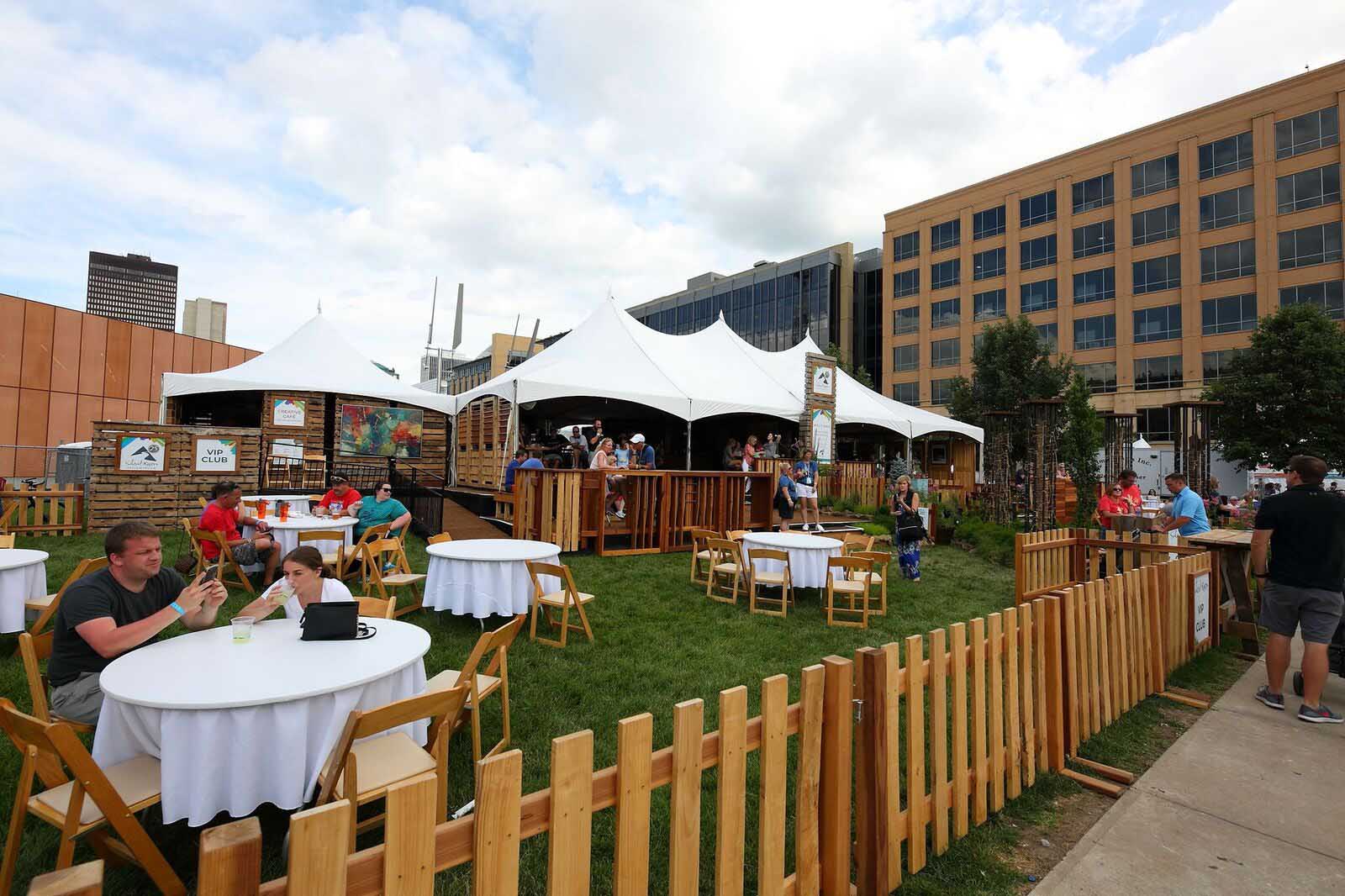 Silent Rivers VIP Club at 2018 Des Moines Arts Festival with sustainable materials and ash tree fencing