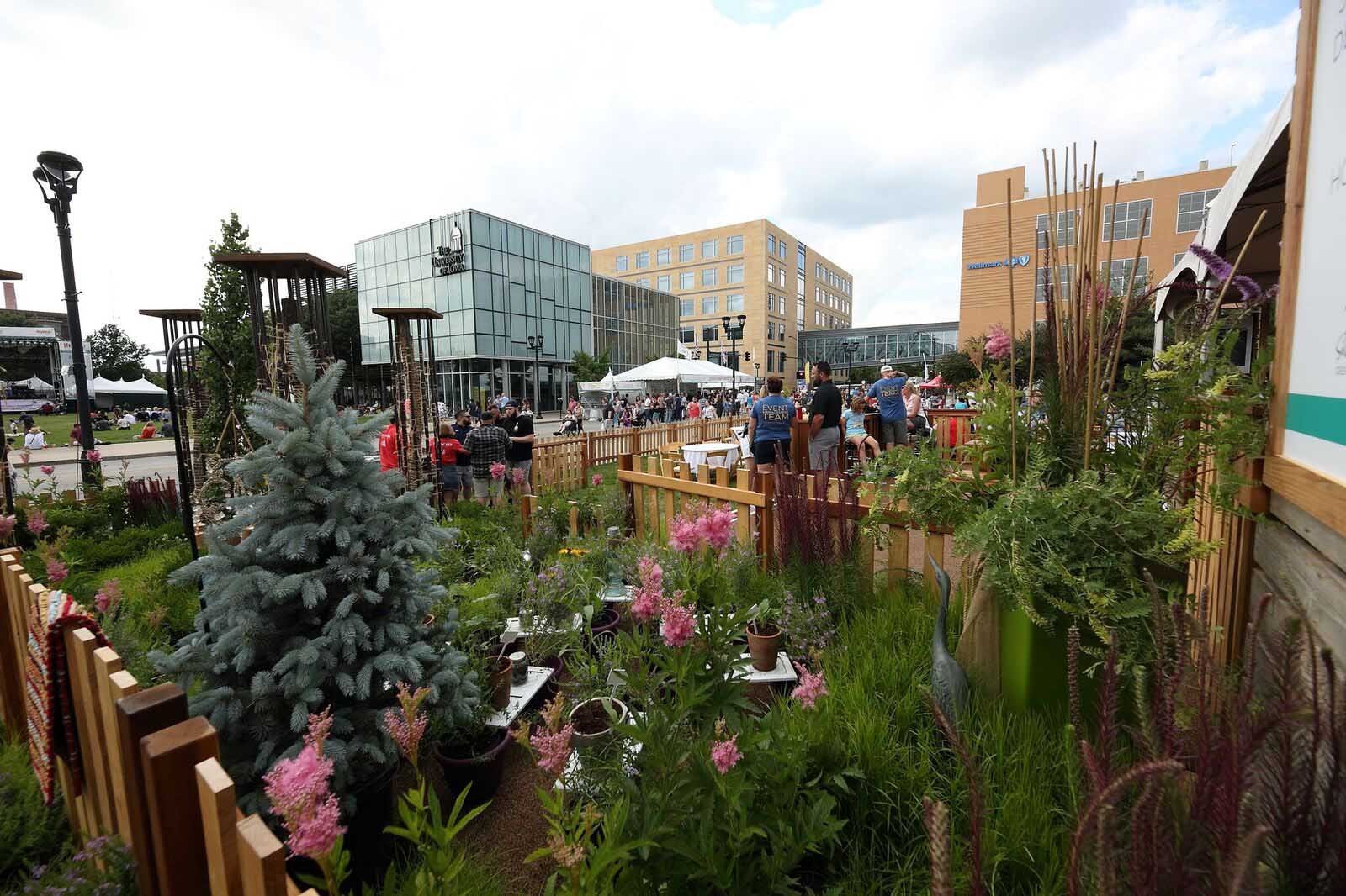 Silent Rivers VIP Club at 2018 Des Moines Arts Festival with sustainable materials and garden