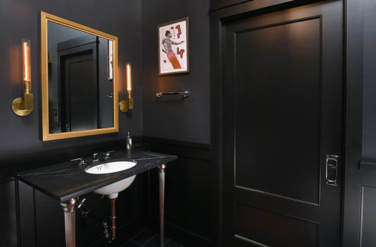 bathroom remodel downtown Des Moines loft by Silent Rivers glamorous black, white and gold