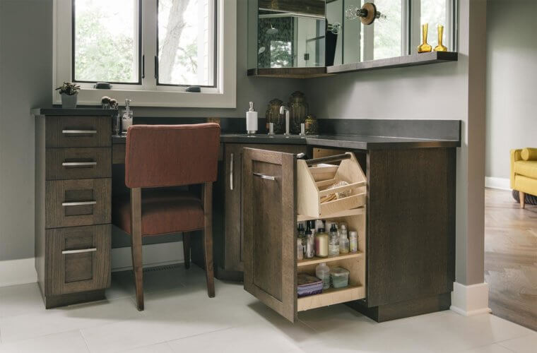 custom vanity with pull out tray in Granger Iowa funky contemporary master suite by Silent Rivers Design+Build