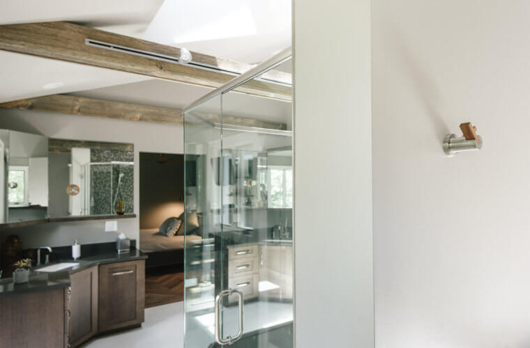 back of shower hook in contemporary master suite in Granger Iowa by Silent Rivers Design+Build