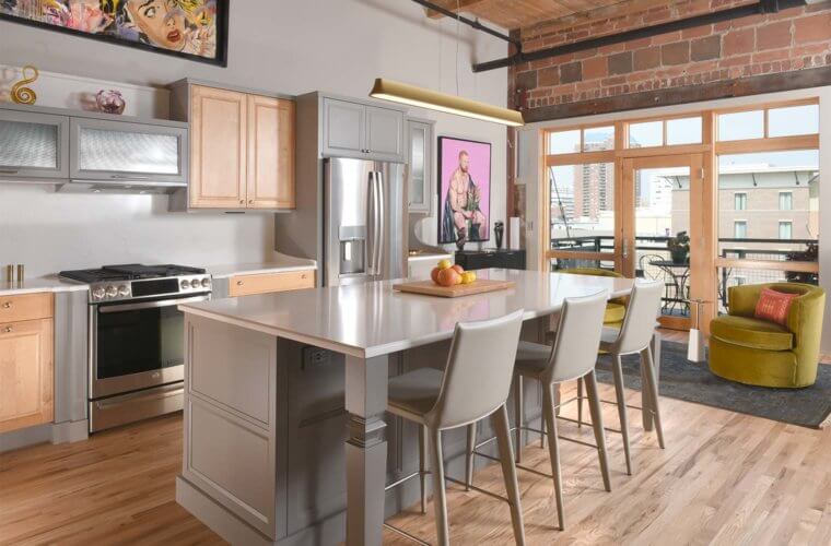 Art Deco remodel Des Moines loft kitchen by Silent Rivers in Brown Camp Lofts