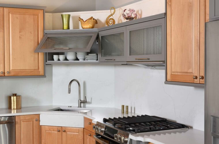 Art Deco remodel Des Moines loft kitchen by Silent Rivers with lift-top cabinets