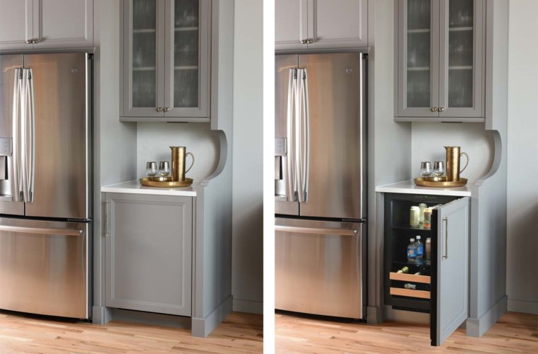 Art Deco remodel Des Moines loft kitchen by Silent Rivers with concealed panel beverage fridge