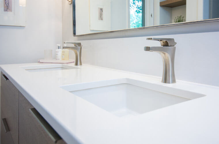 modern style white and wood Des Moines bathroom remodel by Silent Rivers